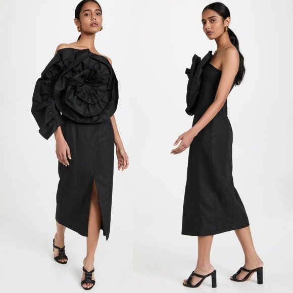 Mara Hoffman Valeria Off Shoulder Midi-Dress Black Structural Floral Accent Sz 0 - Picture 1 of 10